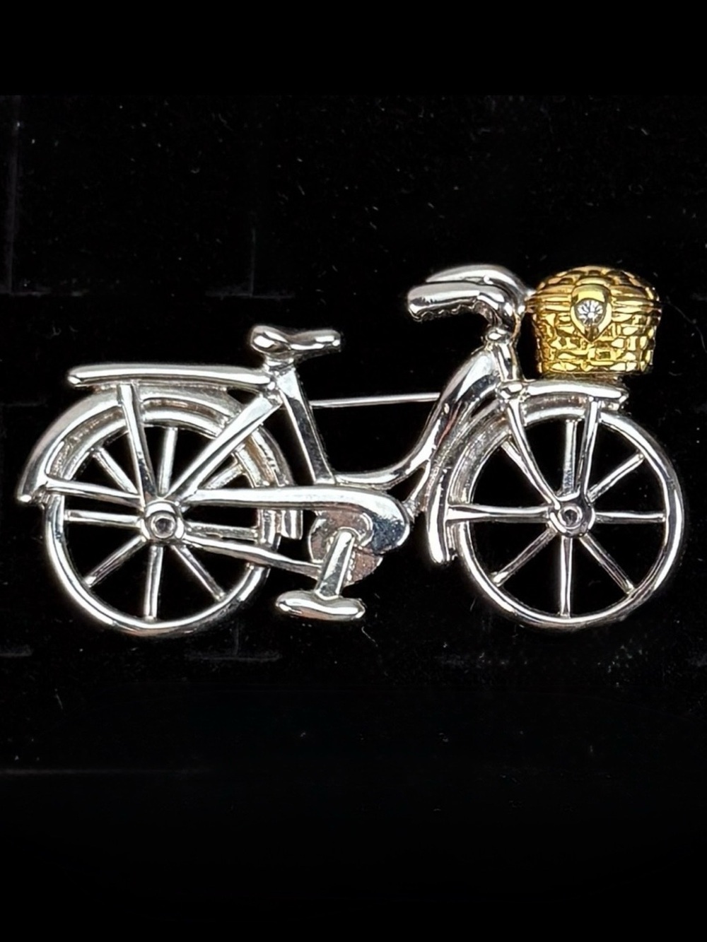 Silvertone Bicycle Brooch with Goldtone Bling Accents